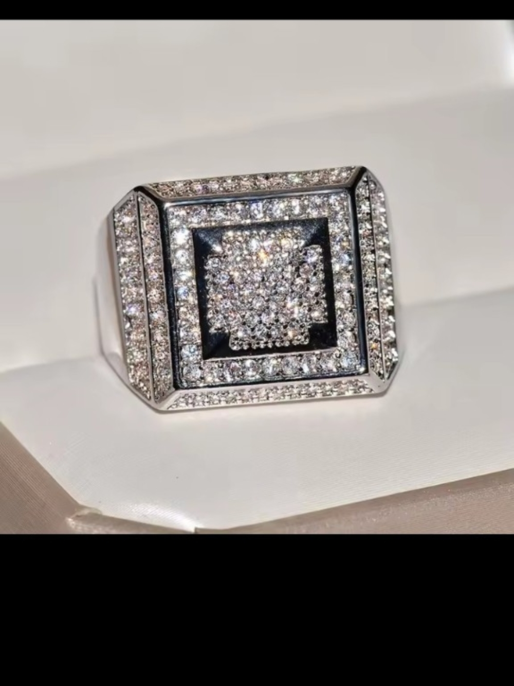Men's Ring Size 8 Silver-Tone Pavé Square Statement Ring with Black Accents